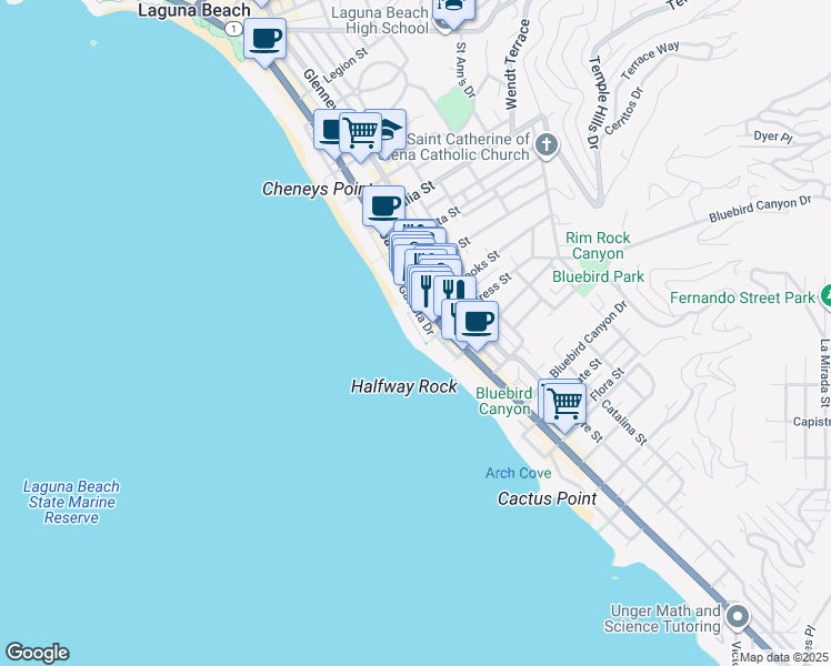 map of restaurants, bars, coffee shops, grocery stores, and more near 1261 Ocean Front in Laguna Beach