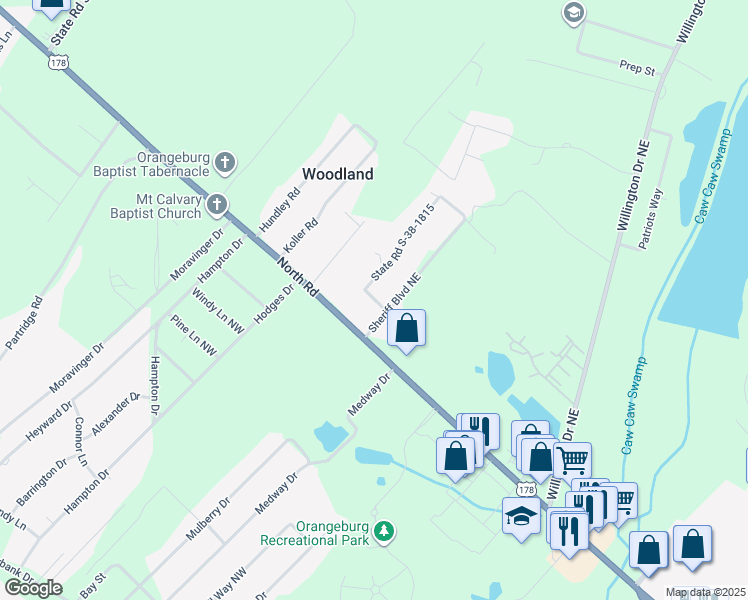 map of restaurants, bars, coffee shops, grocery stores, and more near 3144 Mike Drive in Orangeburg