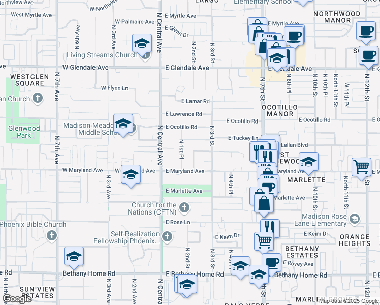 map of restaurants, bars, coffee shops, grocery stores, and more near 6536 North 2nd Street in Phoenix