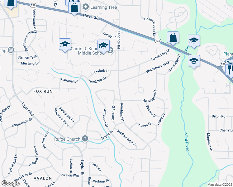 map of restaurants, bars, coffee shops, grocery stores, and more near 8132 Kendrick Road in Jonesboro