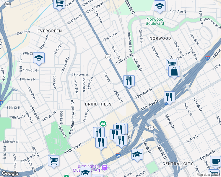 map of restaurants, bars, coffee shops, grocery stores, and more near 1320 25th Street North in Birmingham
