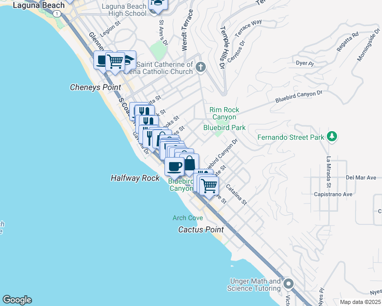 map of restaurants, bars, coffee shops, grocery stores, and more near 1494 Catalina Street in Laguna Beach