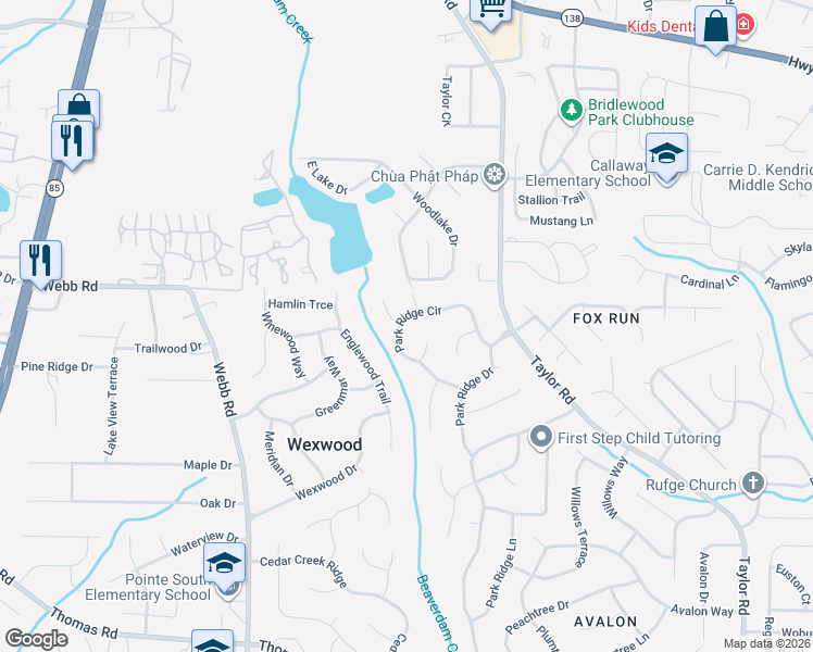 map of restaurants, bars, coffee shops, grocery stores, and more near 390 Park Ridge Circle in Riverdale
