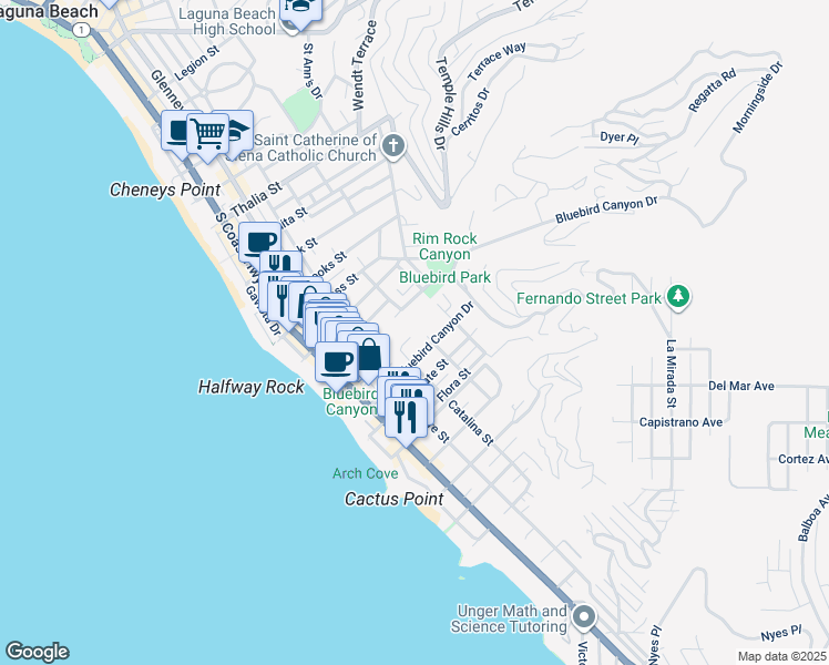 map of restaurants, bars, coffee shops, grocery stores, and more near 1500 Carmelita Street in Laguna Beach