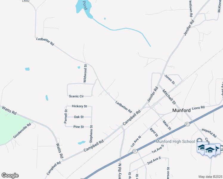 map of restaurants, bars, coffee shops, grocery stores, and more near 300 Ledbetter Road in Munford