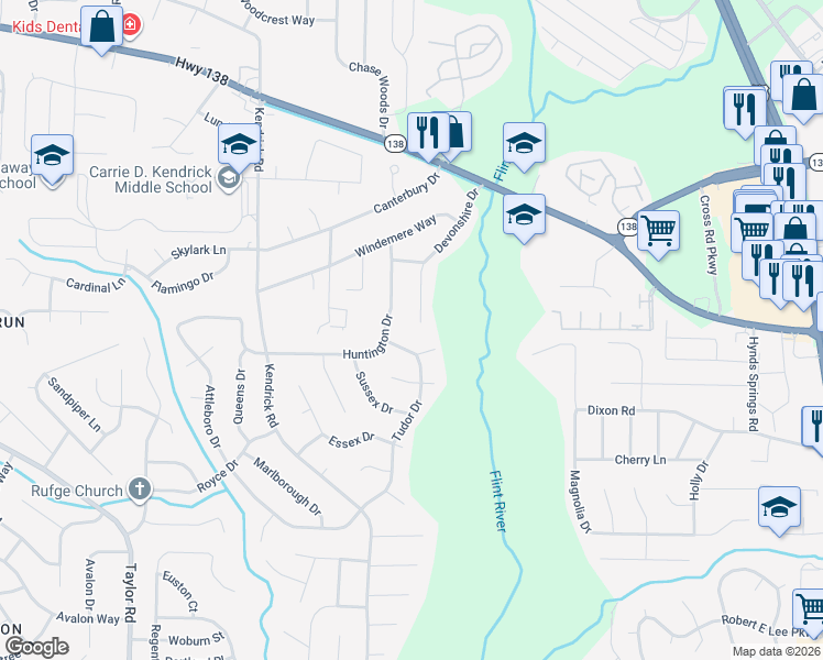 map of restaurants, bars, coffee shops, grocery stores, and more near 8125 Devonshire Drive in Jonesboro