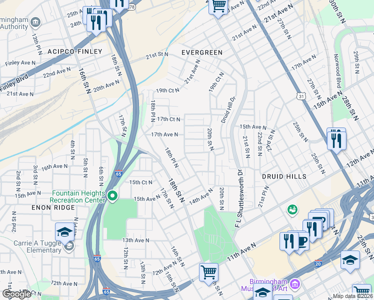 map of restaurants, bars, coffee shops, grocery stores, and more near 1614 19th Street North in Birmingham