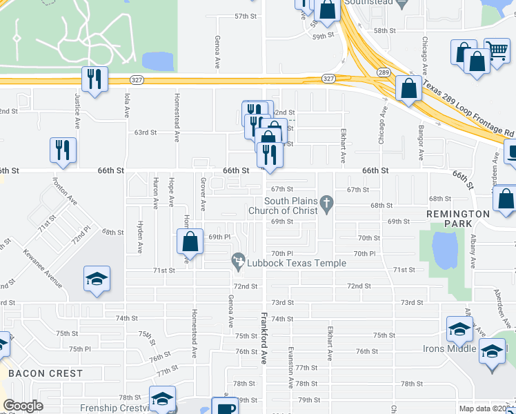 map of restaurants, bars, coffee shops, grocery stores, and more near 6816 Frankford Avenue in Lubbock