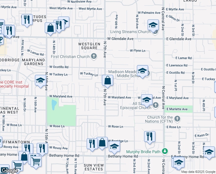 map of restaurants, bars, coffee shops, grocery stores, and more near 6533 North 7th Avenue in Phoenix
