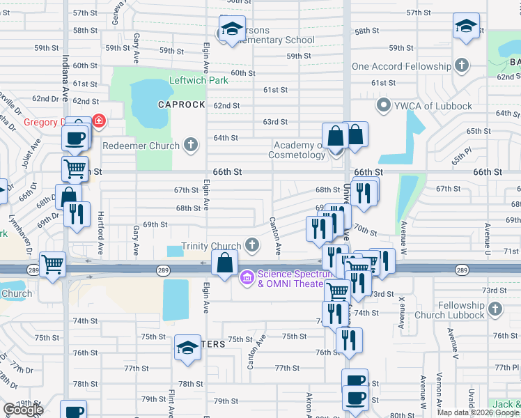 map of restaurants, bars, coffee shops, grocery stores, and more near 6801 Detroit Avenue in Lubbock