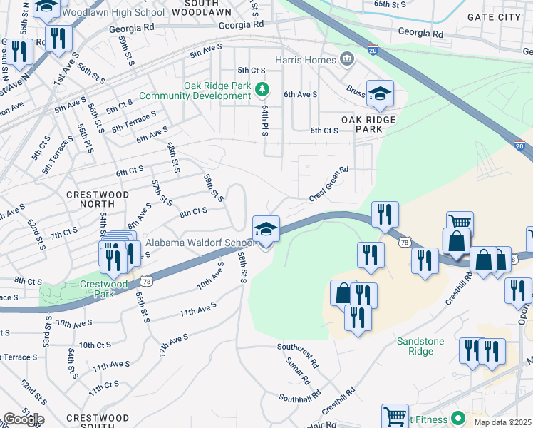 map of restaurants, bars, coffee shops, grocery stores, and more near 824 Crest Green Road in Birmingham