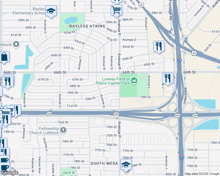 map of restaurants, bars, coffee shops, grocery stores, and more near 1613 69th Street in Lubbock
