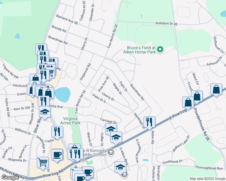 map of restaurants, bars, coffee shops, grocery stores, and more near 110 Poplar Place in Aiken