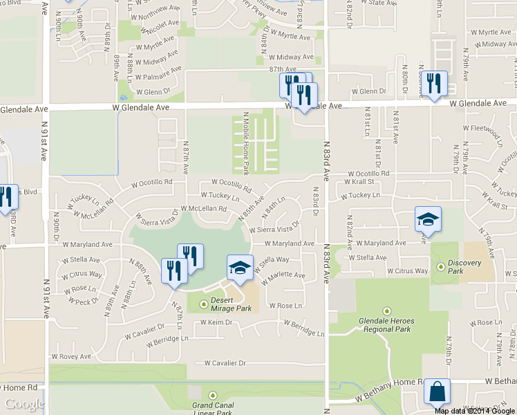 map of restaurants, bars, coffee shops, grocery stores, and more near 6627 North 85th Avenue in Glendale
