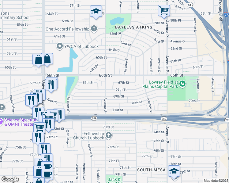 map of restaurants, bars, coffee shops, grocery stores, and more near 2007 68th Street in Lubbock