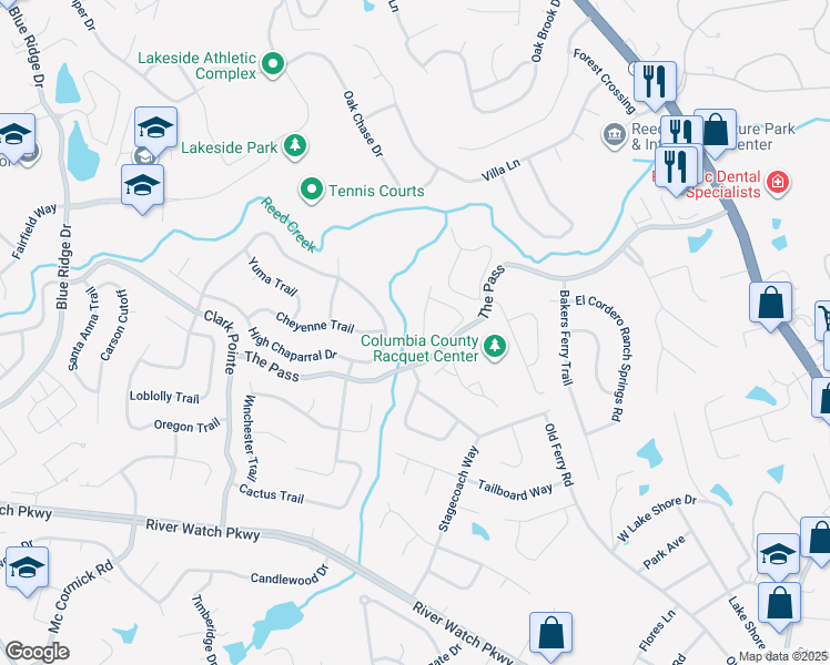 map of restaurants, bars, coffee shops, grocery stores, and more near 426 Creekwalk Drive in Martinez