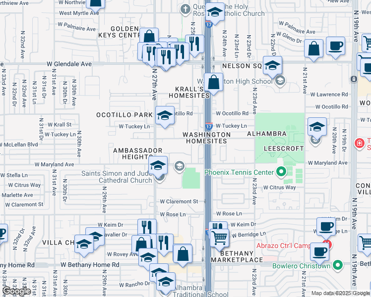 map of restaurants, bars, coffee shops, grocery stores, and more near 2551 West McLellan Boulevard in Phoenix