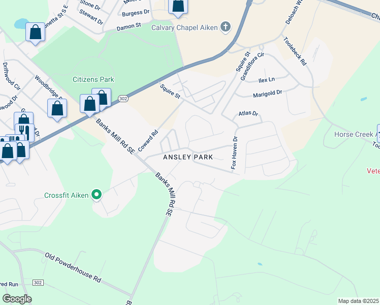 map of restaurants, bars, coffee shops, grocery stores, and more near 106 Fox Haven Drive in Aiken