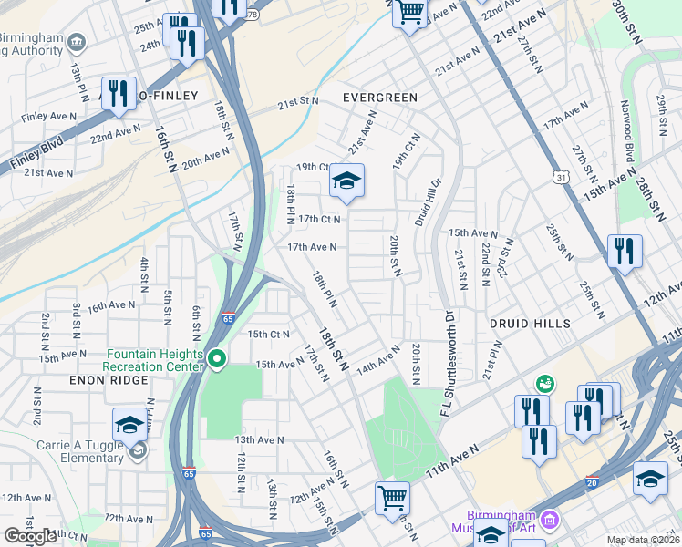 map of restaurants, bars, coffee shops, grocery stores, and more near 1614 19th Street North in Birmingham