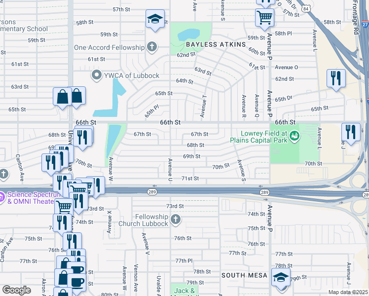map of restaurants, bars, coffee shops, grocery stores, and more near 2007 68th Street in Lubbock