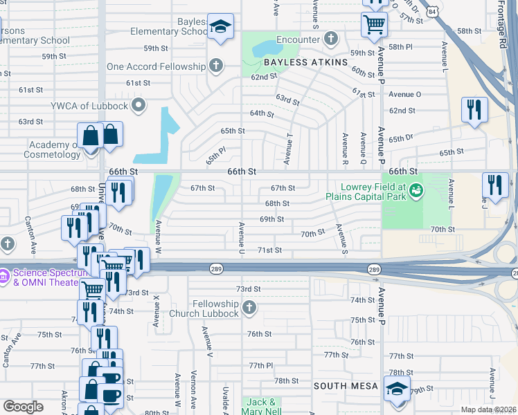 map of restaurants, bars, coffee shops, grocery stores, and more near 2007 68th Street in Lubbock