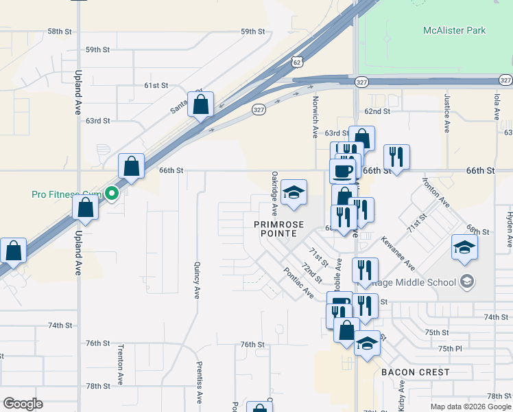 map of restaurants, bars, coffee shops, grocery stores, and more near 6816 67th Street in Lubbock