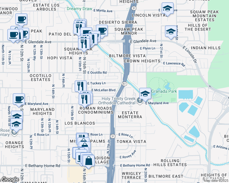 map of restaurants, bars, coffee shops, grocery stores, and more near 1731 East McLellan Boulevard in Phoenix