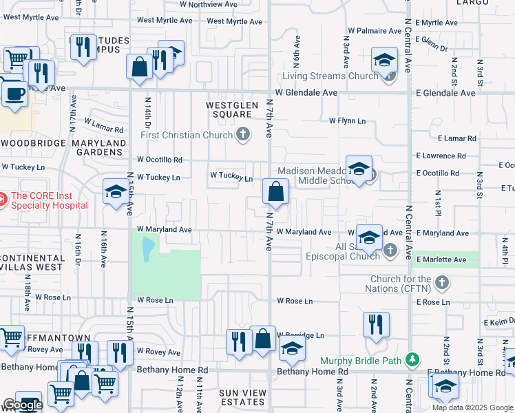 map of restaurants, bars, coffee shops, grocery stores, and more near 6544 North 7th Avenue in Phoenix