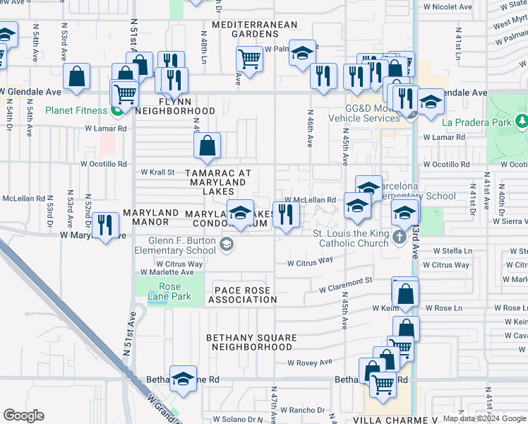 map of restaurants, bars, coffee shops, grocery stores, and more near 19 West Sierra Vista Drive in Glendale