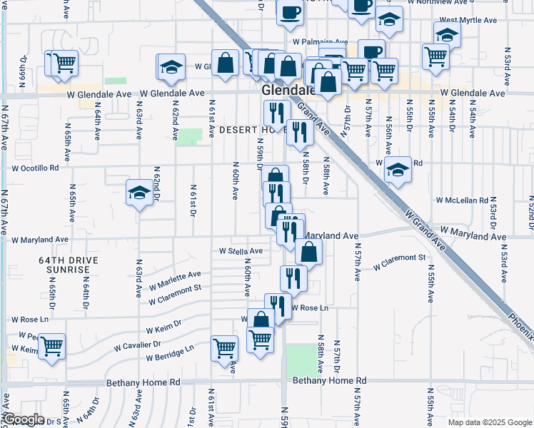 map of restaurants, bars, coffee shops, grocery stores, and more near 6532 North 59th Drive in Glendale