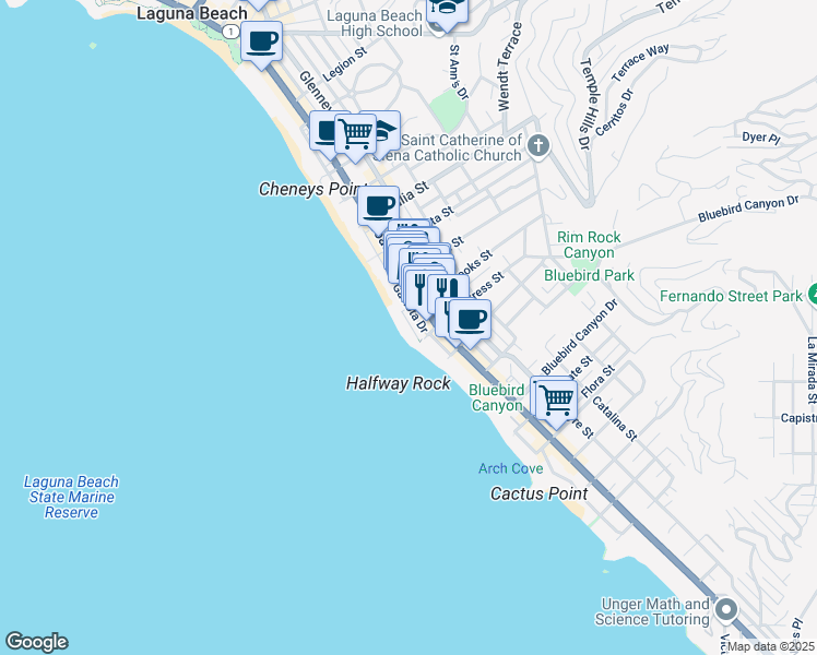 map of restaurants, bars, coffee shops, grocery stores, and more near 1249 Ocean Front in Laguna Beach