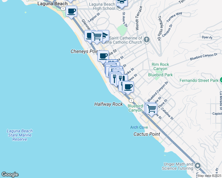 map of restaurants, bars, coffee shops, grocery stores, and more near 1243 Ocean Front in Laguna Beach