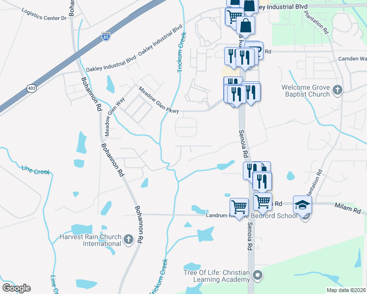 map of restaurants, bars, coffee shops, grocery stores, and more near 105 Belmont Terrace in Fairburn