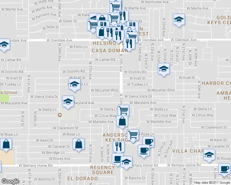 map of restaurants, bars, coffee shops, grocery stores, and more near 3519 West McLellan Boulevard in Phoenix