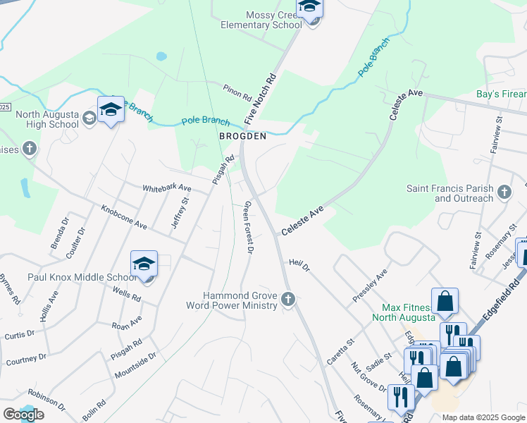 map of restaurants, bars, coffee shops, grocery stores, and more near West Five Notch Road in North Augusta