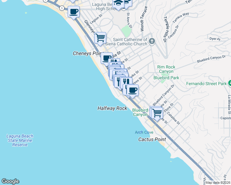 map of restaurants, bars, coffee shops, grocery stores, and more near 1243 Ocean Front in Laguna Beach