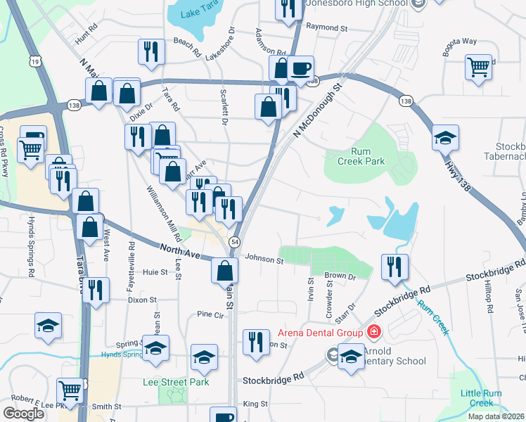 map of restaurants, bars, coffee shops, grocery stores, and more near 104 East Mimosa Drive in Jonesboro
