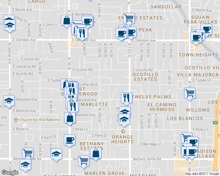 map of restaurants, bars, coffee shops, grocery stores, and more near 6533 North 10th Place in Phoenix