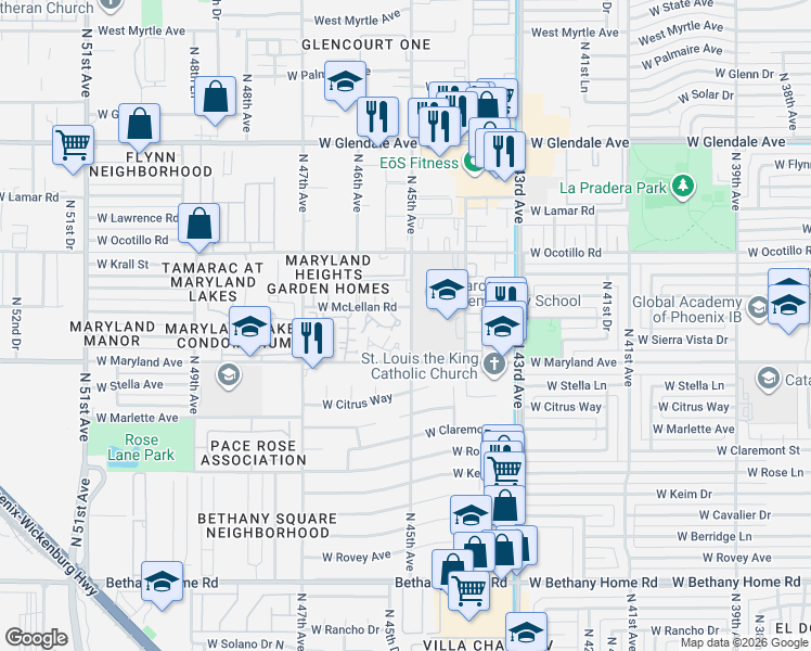 map of restaurants, bars, coffee shops, grocery stores, and more near 4529 West McLellan Road in Glendale