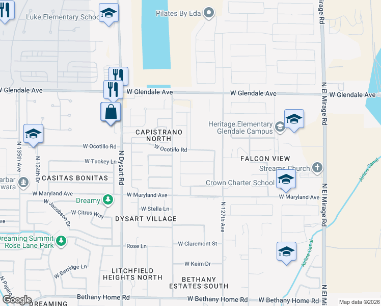 map of restaurants, bars, coffee shops, grocery stores, and more near 12823 West Ocotillo Road in Glendale