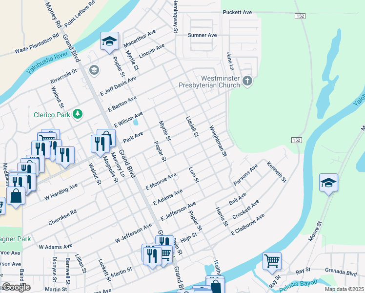 map of restaurants, bars, coffee shops, grocery stores, and more near 403 East Cleveland Avenue in Greenwood