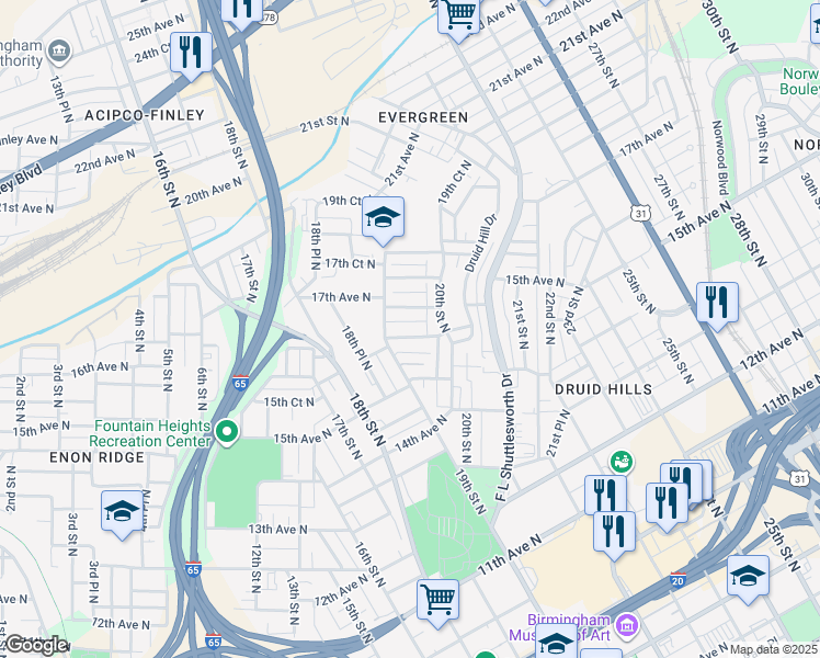 map of restaurants, bars, coffee shops, grocery stores, and more near 1918 15th Court North in Birmingham