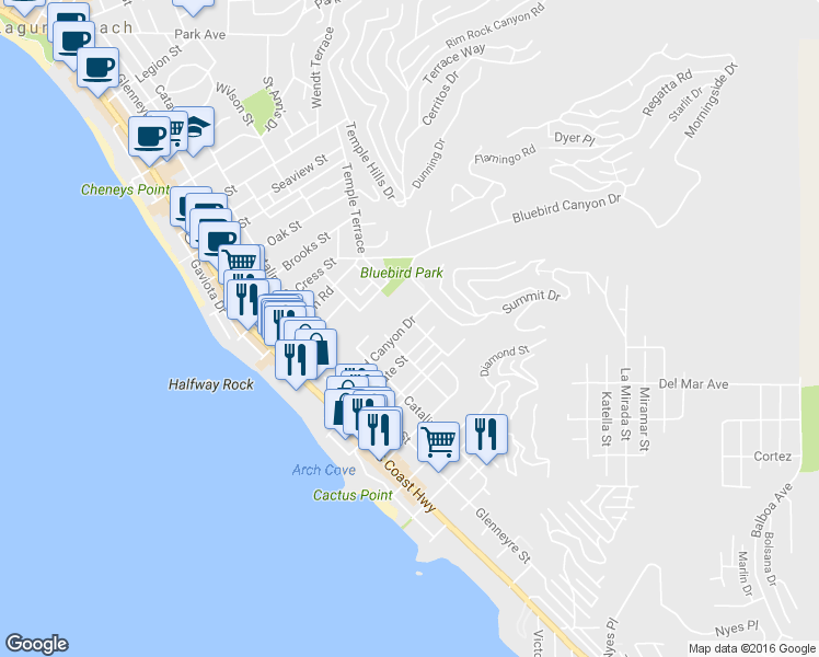 map of restaurants, bars, coffee shops, grocery stores, and more near 579 Bluebird Canyon Drive in Laguna Beach