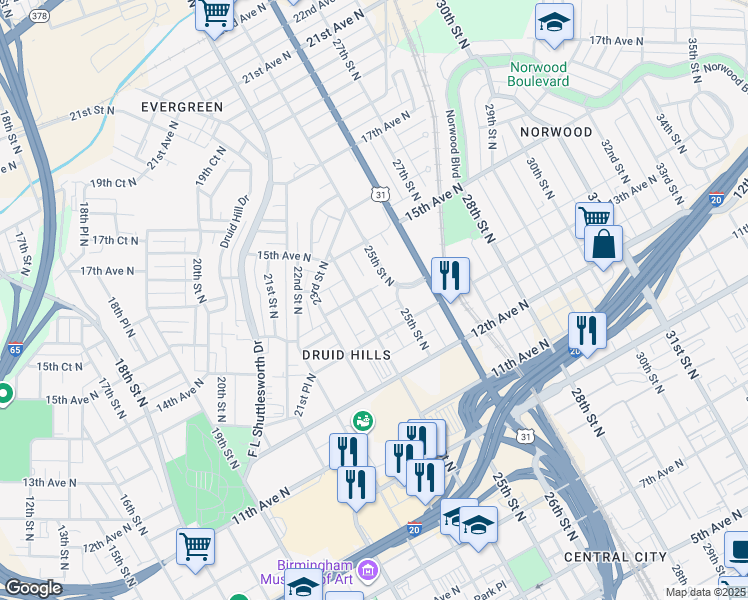 map of restaurants, bars, coffee shops, grocery stores, and more near 2413 14th Avenue North in Birmingham