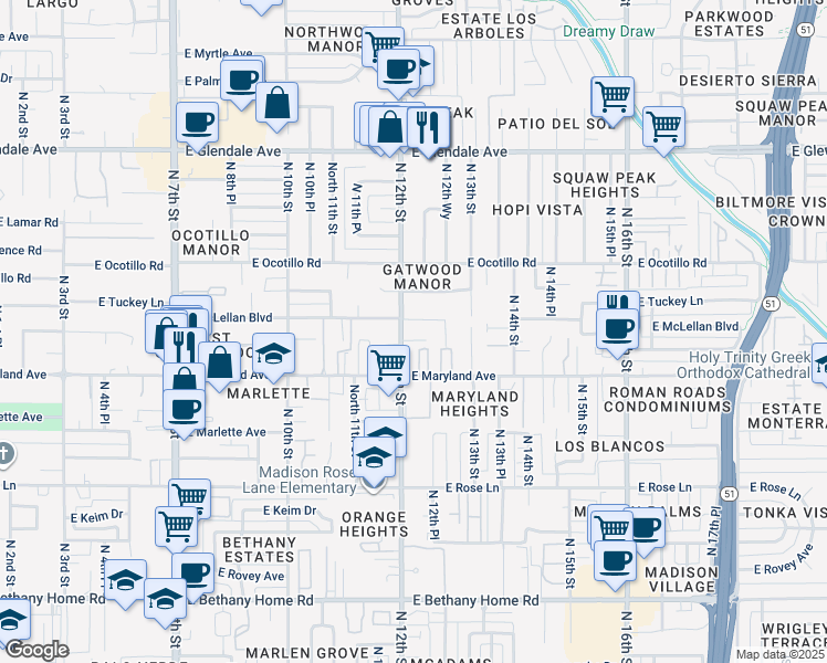 map of restaurants, bars, coffee shops, grocery stores, and more near 6541 North 12th Street in Phoenix