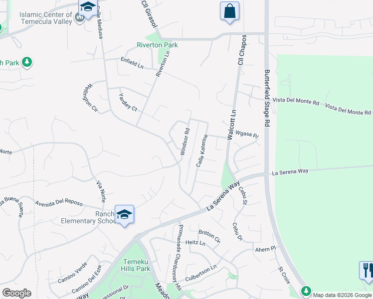 map of restaurants, bars, coffee shops, grocery stores, and more near 40564 Windsor Road in Temecula