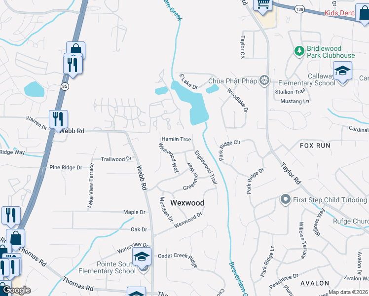 map of restaurants, bars, coffee shops, grocery stores, and more near 8126 Englewood Trail in Riverdale