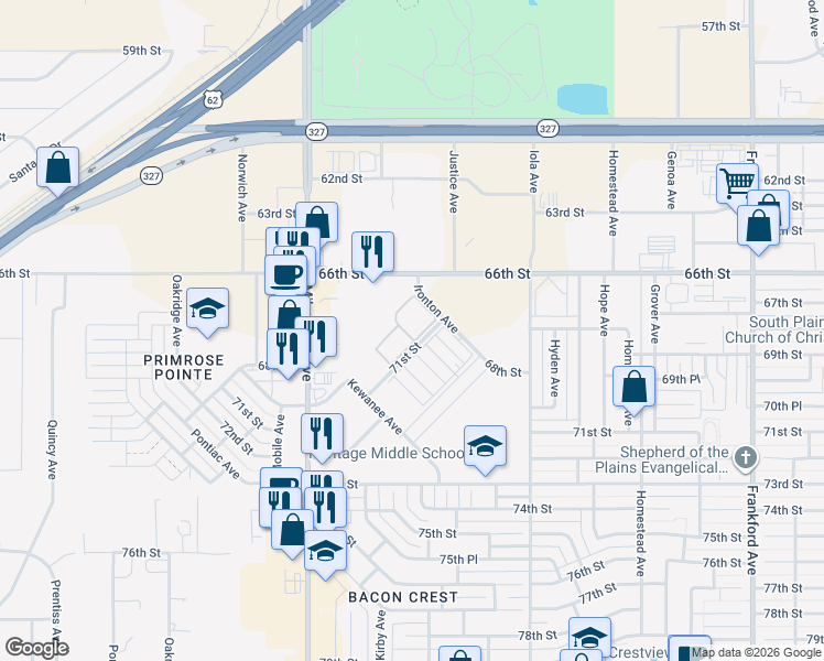 map of restaurants, bars, coffee shops, grocery stores, and more near 7010 Ironton Avenue in Lubbock