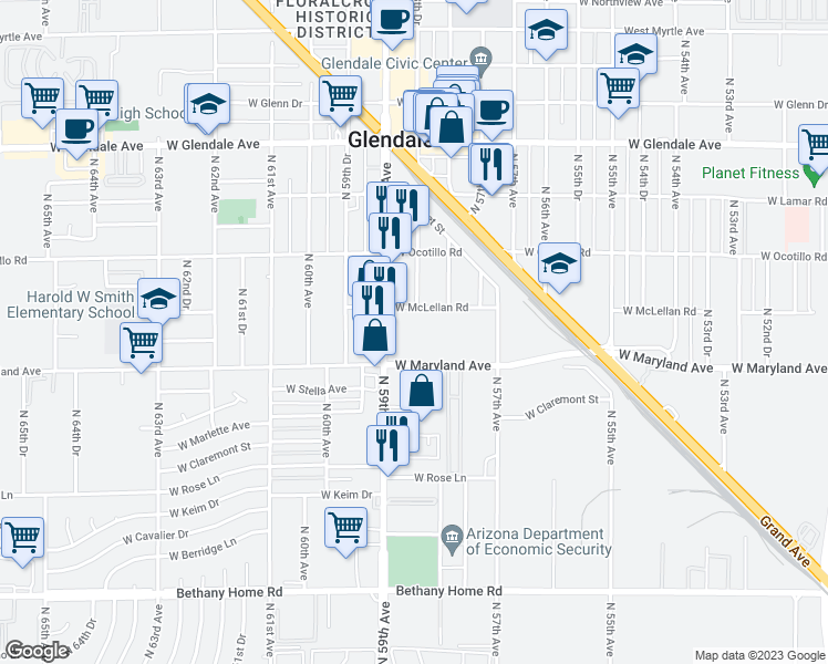 map of restaurants, bars, coffee shops, grocery stores, and more near 6533 North 59th Avenue in Glendale