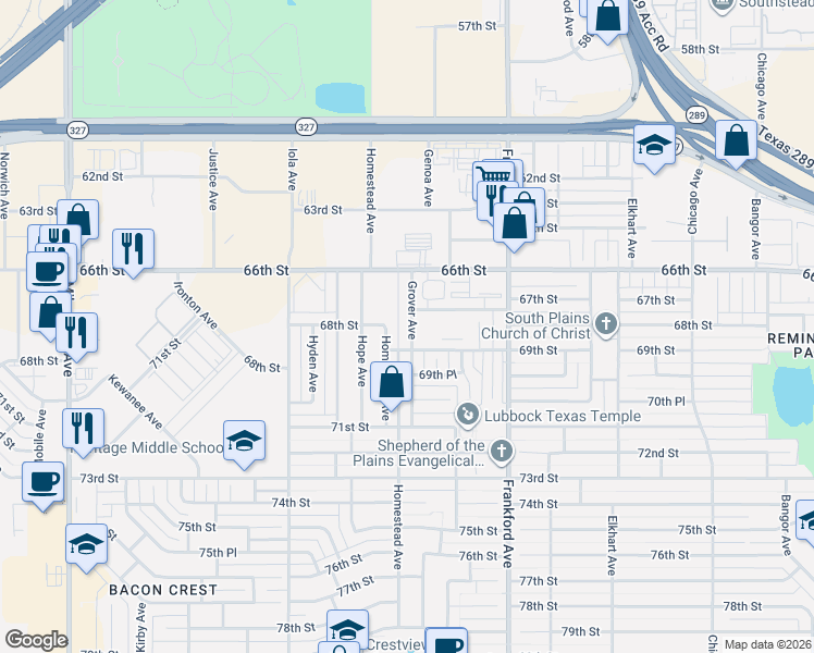map of restaurants, bars, coffee shops, grocery stores, and more near 6706A Grover Avenue in Lubbock
